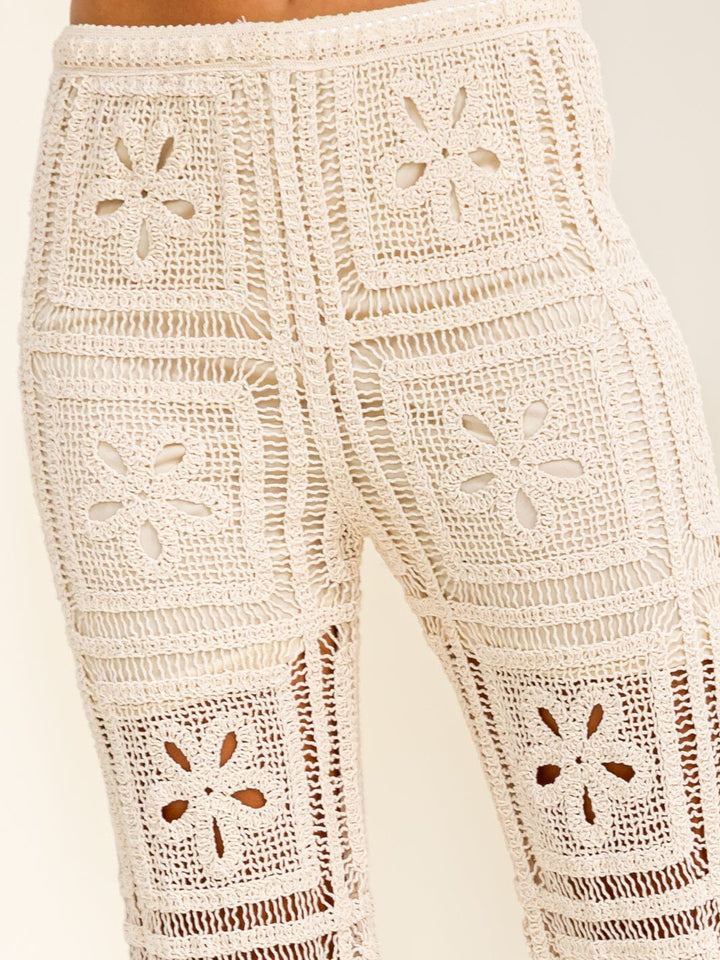 WOMEN'S ELASTIC WAIST FLORAL CROCHET STRAIGHT LEG PANTS
