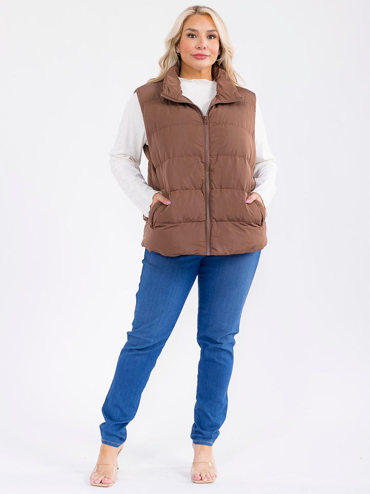 PLUS SIZE SLEEVELESS ZIP UP FRONT POCKETS PUFFER VEST