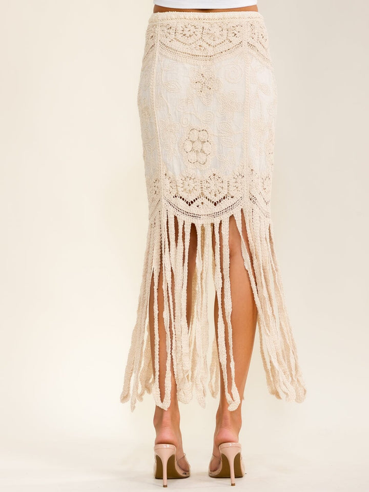 WOMEN'S ELASTIC WAIST FRINGE CROCHET MAXI SKIRT