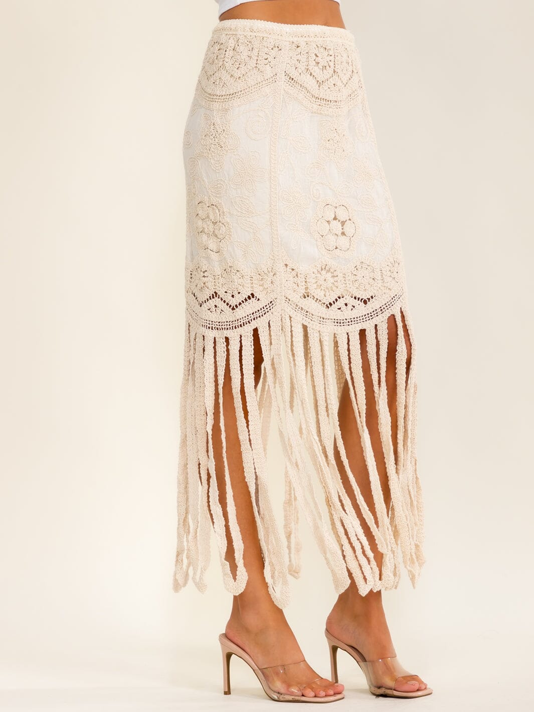 WOMEN'S ELASTIC WAIST FRINGE CROCHET MAXI SKIRT
