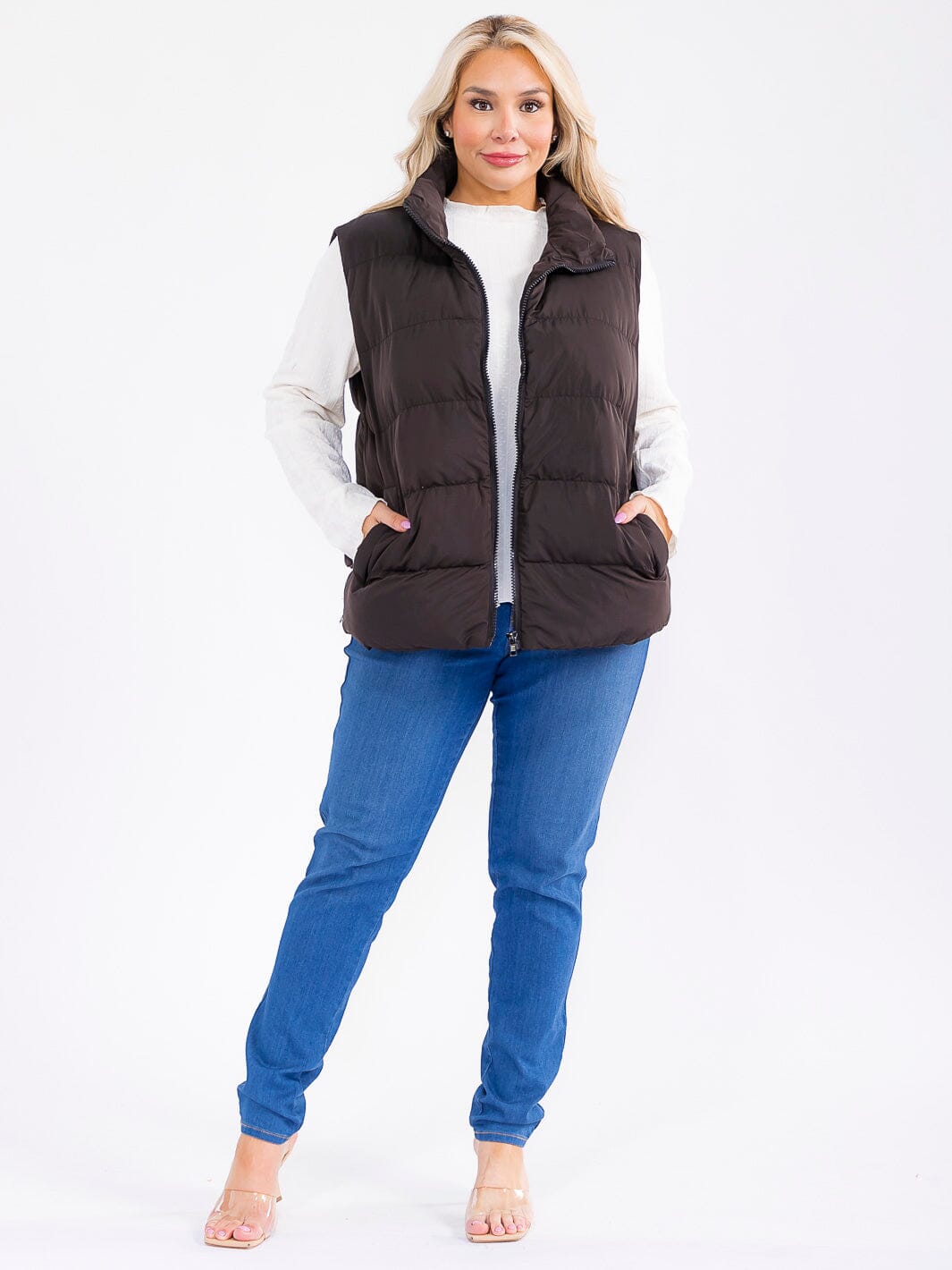 PLUS SIZE SLEEVELESS ZIP UP FRONT POCKETS PUFFER VEST