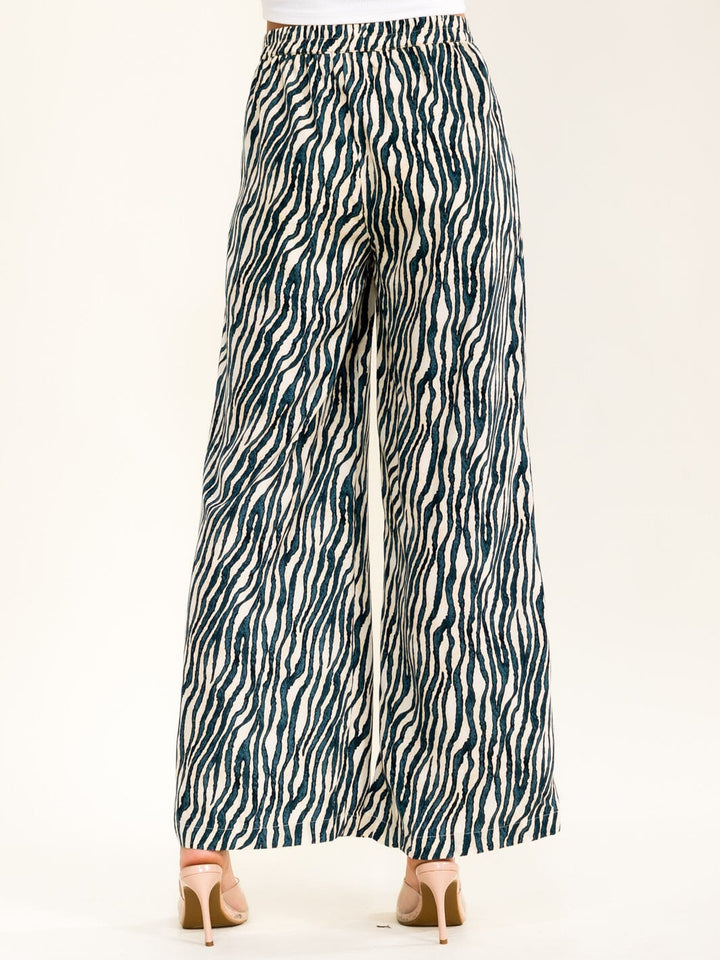 WOMEN'S BUTTON CLOSURE ELASTIC WAIST FRONT POCKETS PRINT WIDE LEG PANTS