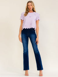 WOMEN'S SHORT SLEEVE COLORBLOCK STRIPES BOWS DETAILED BLOUSE