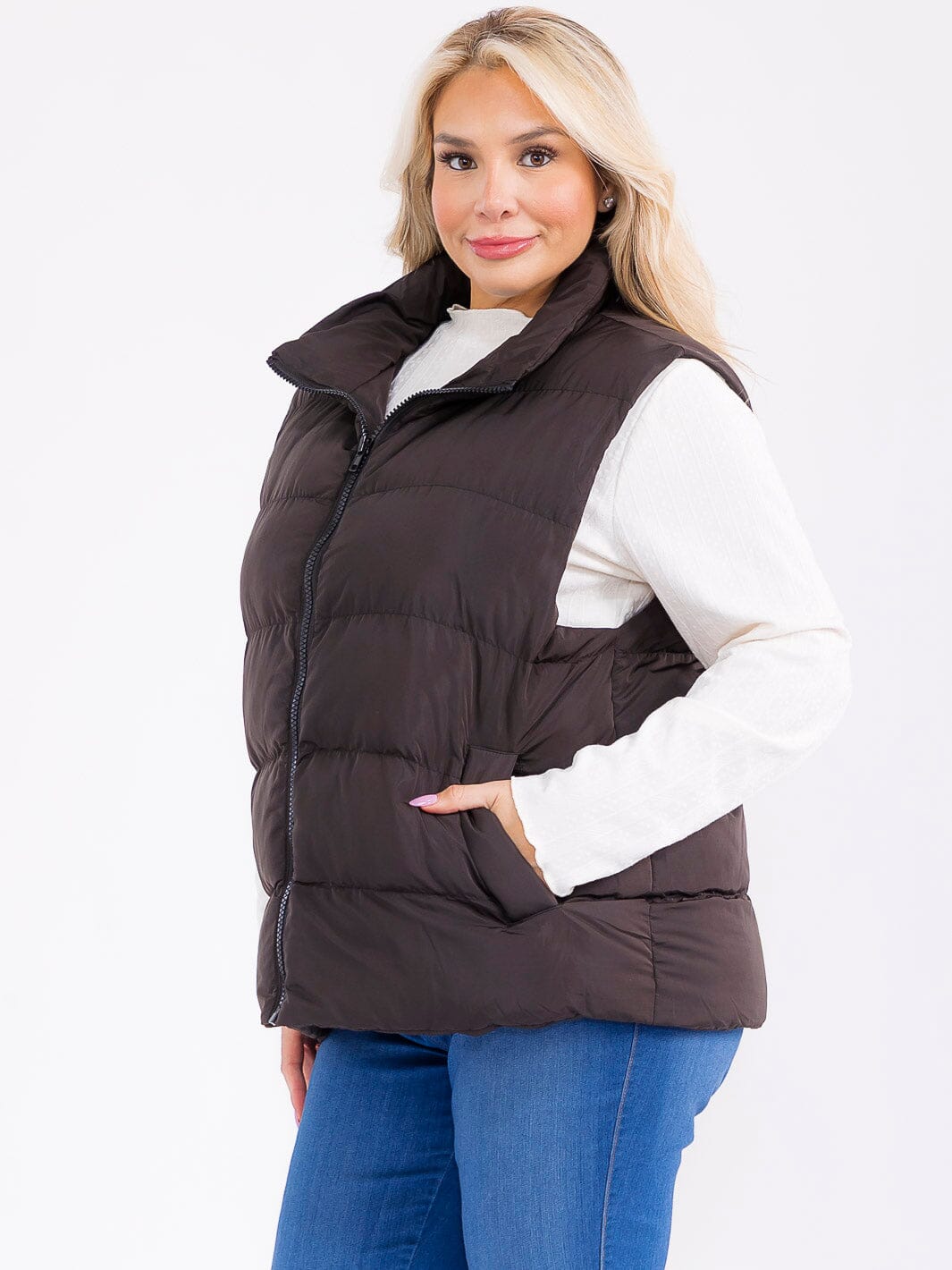 PLUS SIZE SLEEVELESS ZIP UP FRONT POCKETS PUFFER VEST