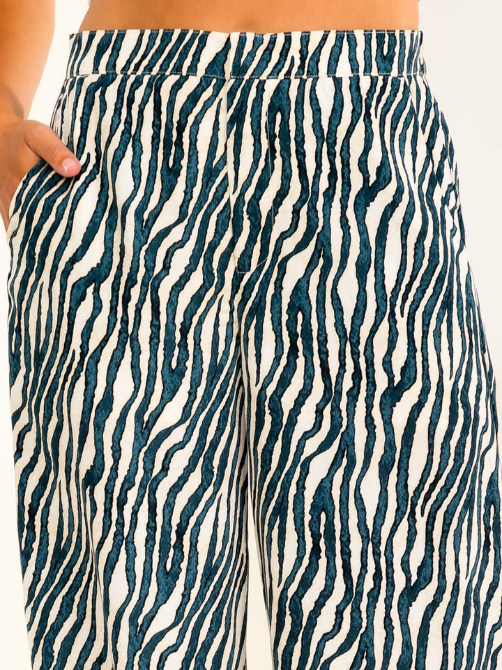 WOMEN'S BUTTON CLOSURE ELASTIC WAIST FRONT POCKETS PRINT WIDE LEG PANTS