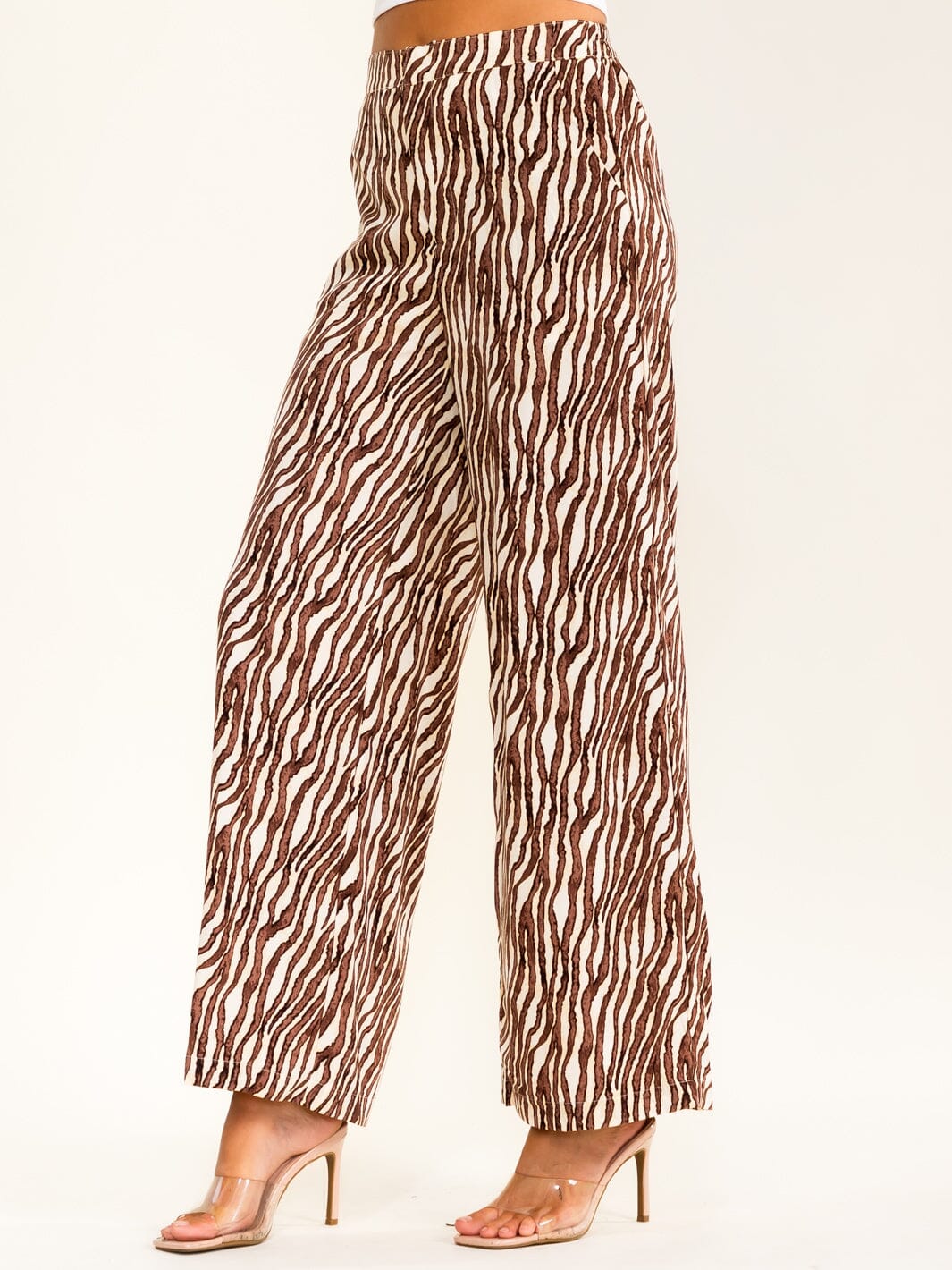 WOMEN'S BUTTON CLOSURE ELASTIC WAIST FRONT POCKETS PRINT WIDE LEG PANTS