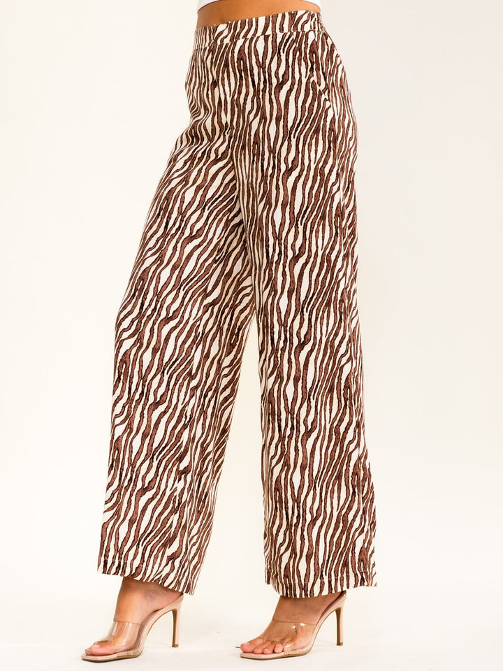 WOMEN'S BUTTON CLOSURE ELASTIC WAIST FRONT POCKETS PRINT WIDE LEG PANTS