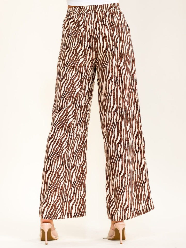 WOMEN'S BUTTON CLOSURE ELASTIC WAIST FRONT POCKETS PRINT WIDE LEG PANTS