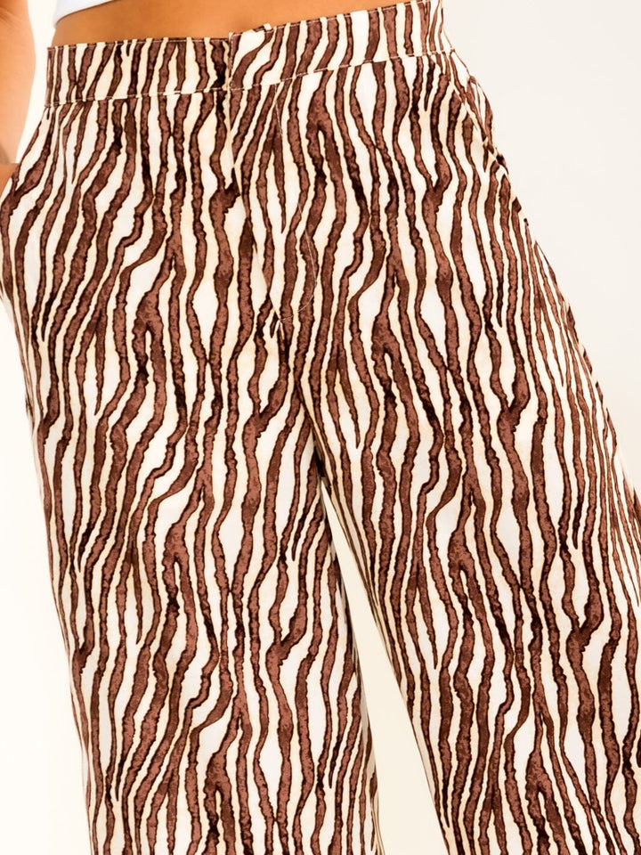 WOMEN'S BUTTON CLOSURE ELASTIC WAIST FRONT POCKETS PRINT WIDE LEG PANTS