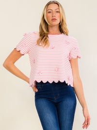 WOMEN'S SHORT SLEEVE COLORBLOCK STRIPES BOWS DETAILED BLOUSE