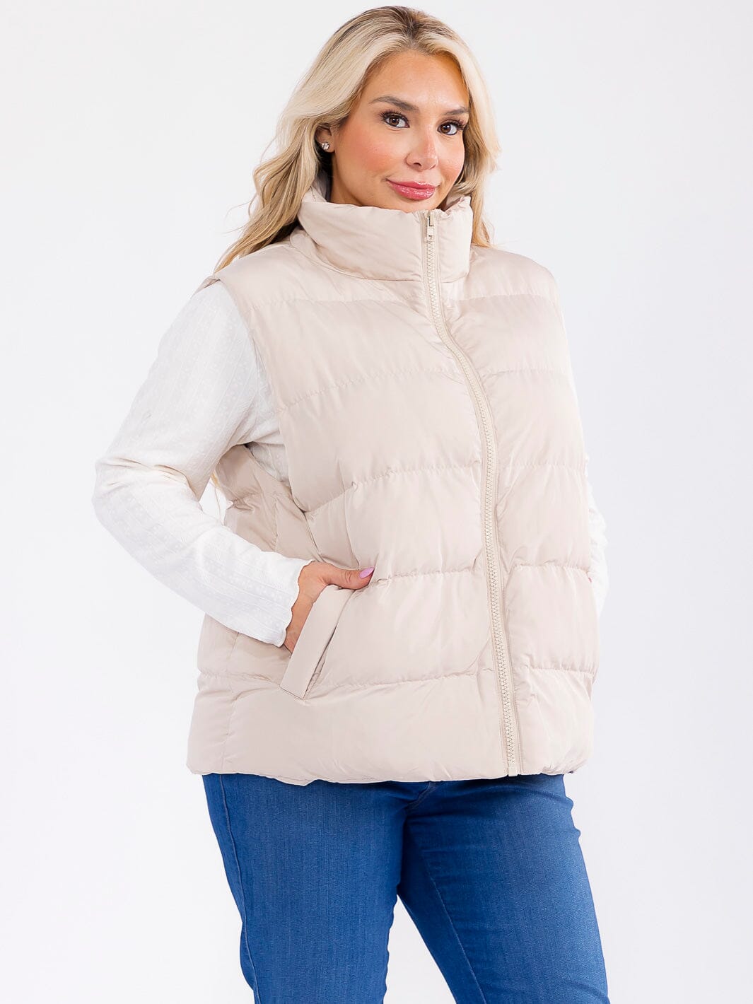 PLUS SIZE SLEEVELESS ZIP UP FRONT POCKETS PUFFER VEST