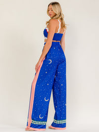 WOMEN'S SLEEVELESS SMOCK CROP TOP & ELASTIC WAIST WIDE LEG PANTS MULTI PRINT 2PC. SET