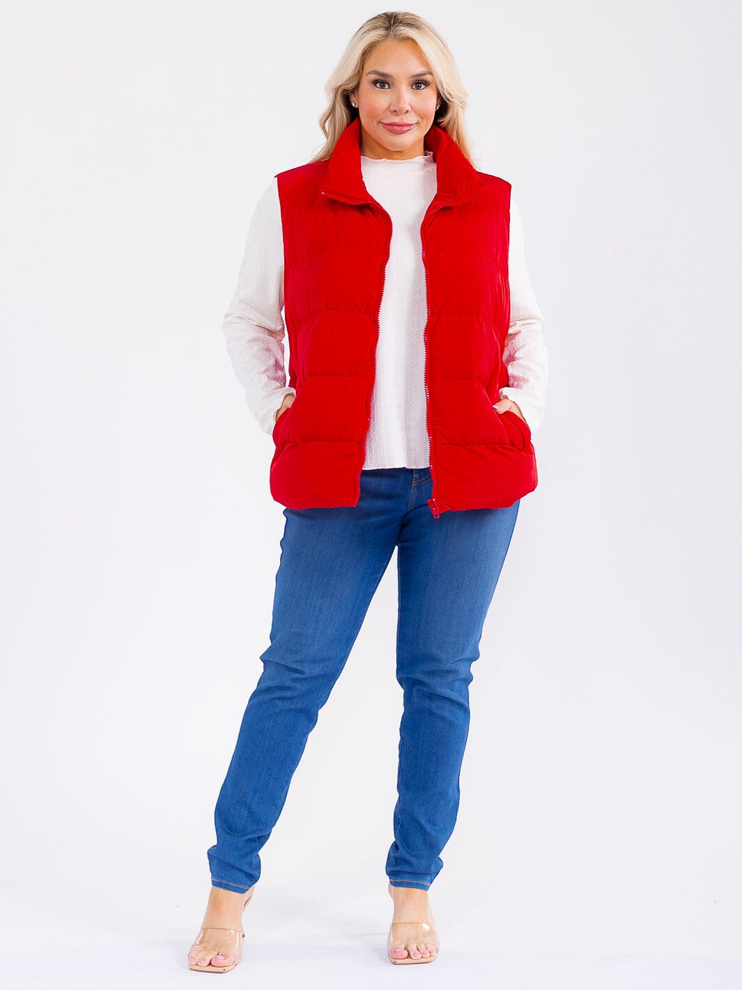 PLUS SIZE SLEEVELESS ZIP UP FRONT POCKETS PUFFER VEST