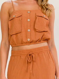 WOMEN'S SLEEVELESS CROP TOP & ELASTIC WAIST WIDE LEG PANTS 2PC. SET