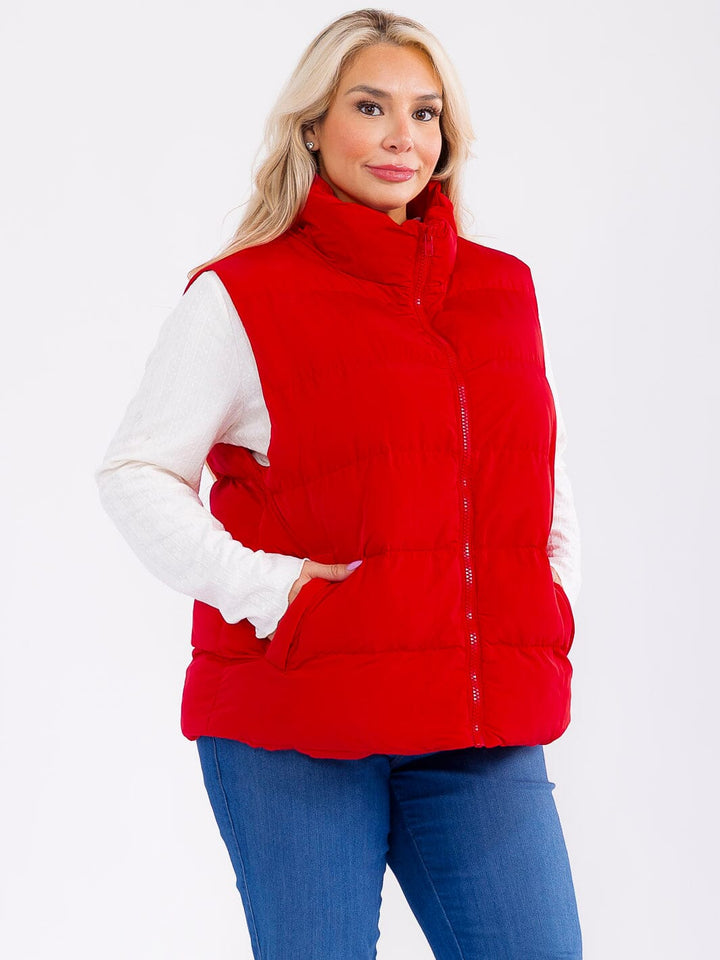 PLUS SIZE SLEEVELESS ZIP UP FRONT POCKETS PUFFER VEST