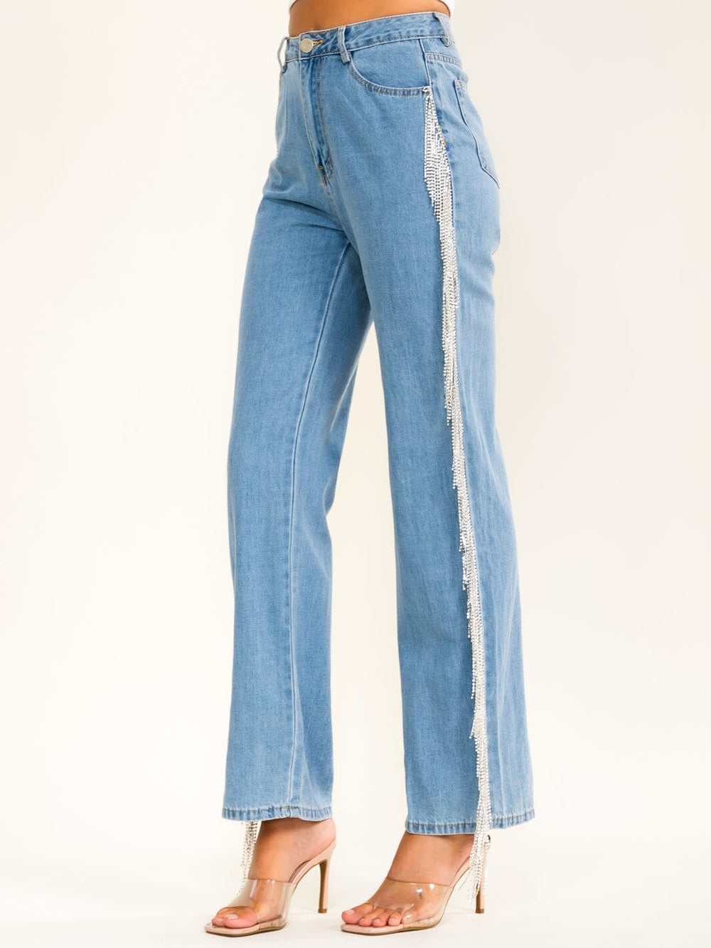WOMEN'S BUTTON CLOSURE POCKETS RHINESTONES FRINGE DENIM STRAIGHT LEG PANTS