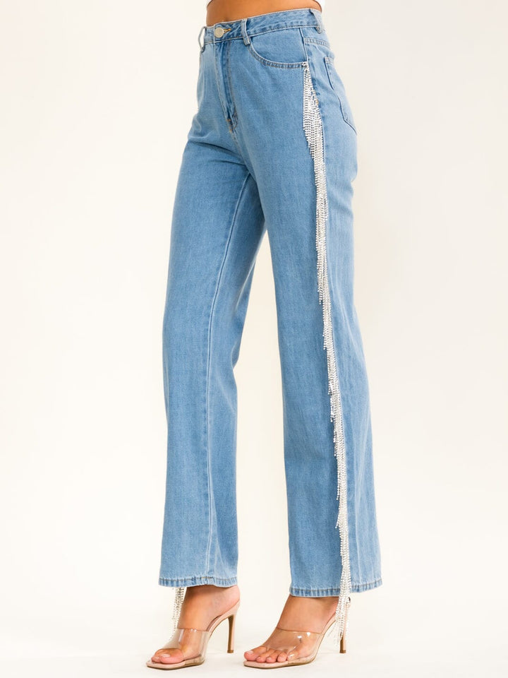 WOMEN'S BUTTON CLOSURE POCKETS RHINESTONES FRINGE DENIM STRAIGHT LEG PANTS