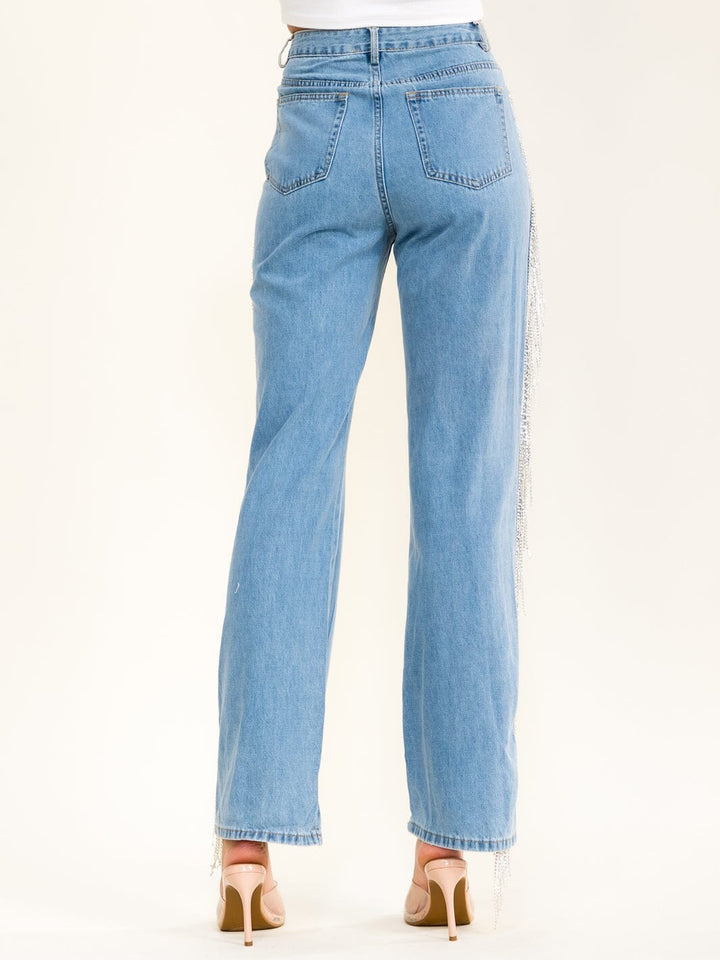 WOMEN'S BUTTON CLOSURE POCKETS RHINESTONES FRINGE DENIM STRAIGHT LEG PANTS