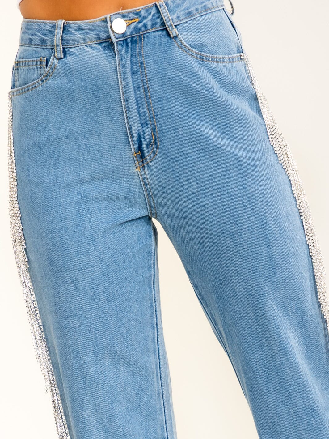 WOMEN'S BUTTON CLOSURE POCKETS RHINESTONES FRINGE DENIM STRAIGHT LEG PANTS