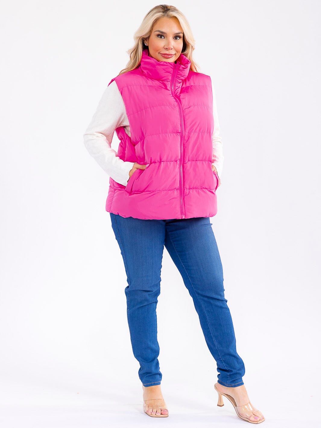 PLUS SIZE SLEEVELESS ZIP UP FRONT POCKETS PUFFER VEST