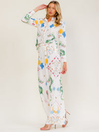 WOMEN'S LONG SLEEVE BLOUSE & ELASTIC WAIST WIDE LEG PANTS MULTI PRINT 2PC. SET
