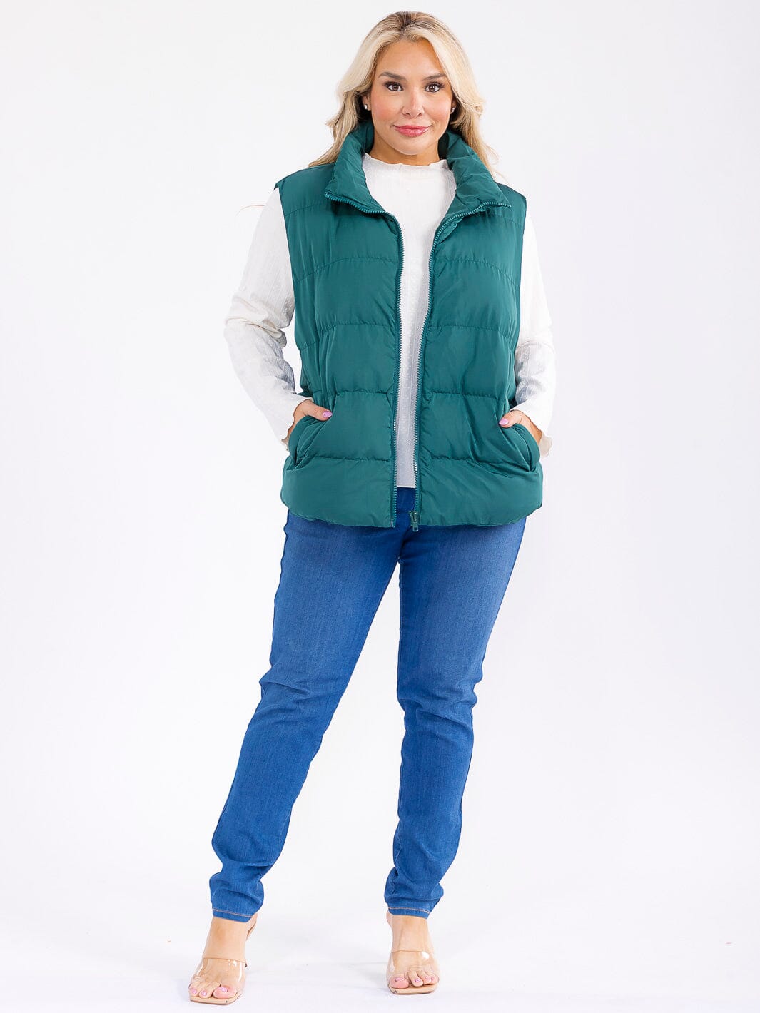PLUS SIZE SLEEVELESS ZIP UP FRONT POCKETS PUFFER VEST