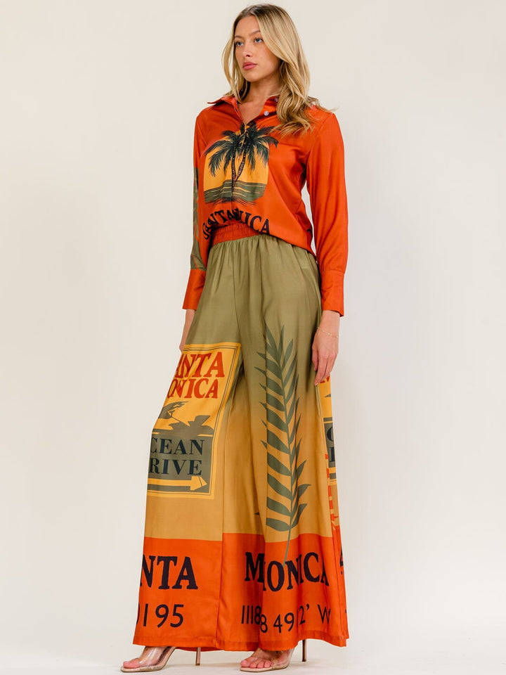 WOMEN'S LONG SLEEVE BUTTON UP BLOUSE & ELASTIC WAIST WIDE LEG PANTS MULTI PRINT 2PC. SET
