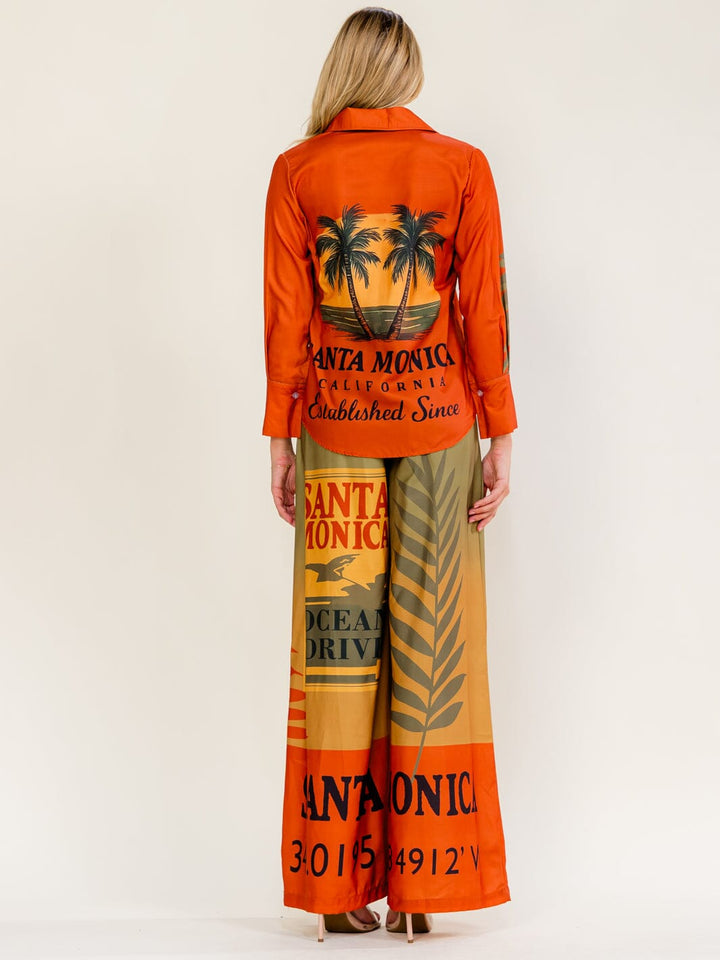 WOMEN'S LONG SLEEVE BUTTON UP BLOUSE & ELASTIC WAIST WIDE LEG PANTS MULTI PRINT 2PC. SET