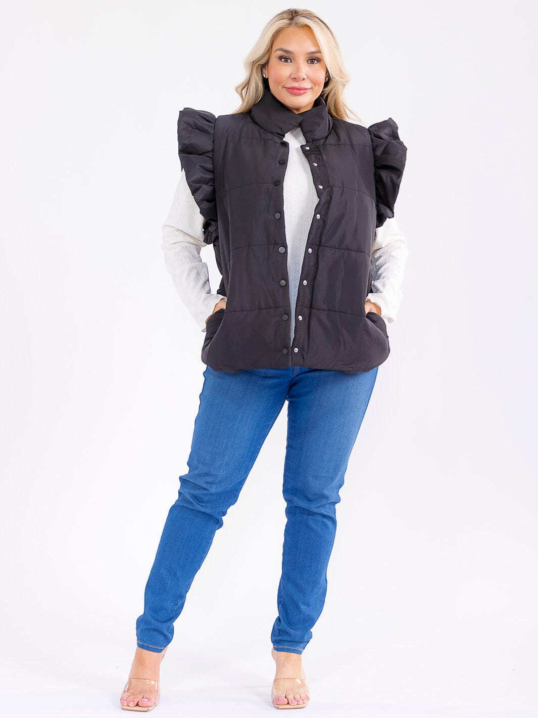 PLUS SIZE RUFFLE SLEEVE BUTTON UP FRONT POCKETS PUFFER VEST