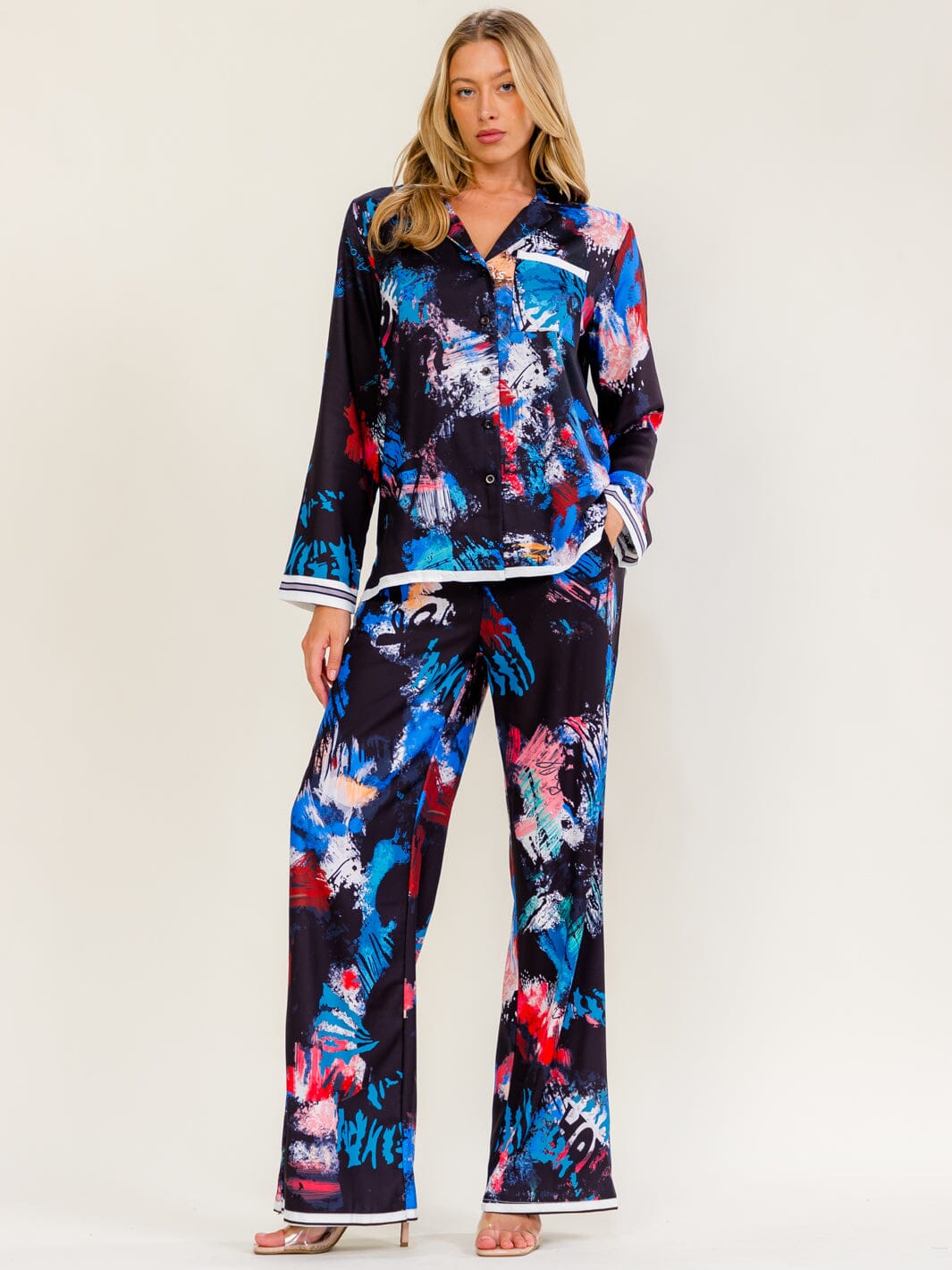 WOMEN'S LONG SLEEVE BUTTON UP BLOUSE & ELASTIC WAIST WIDE LEG PANTS MULTI PRINT 2PC. SET