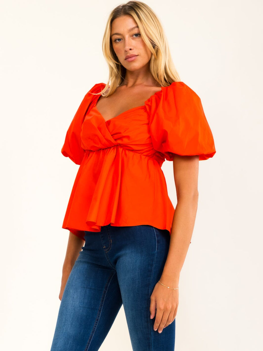 WOMEN'S SHORT PUFF SLEEVE SURPLICE SMOCK PEPLUM BLOUSE