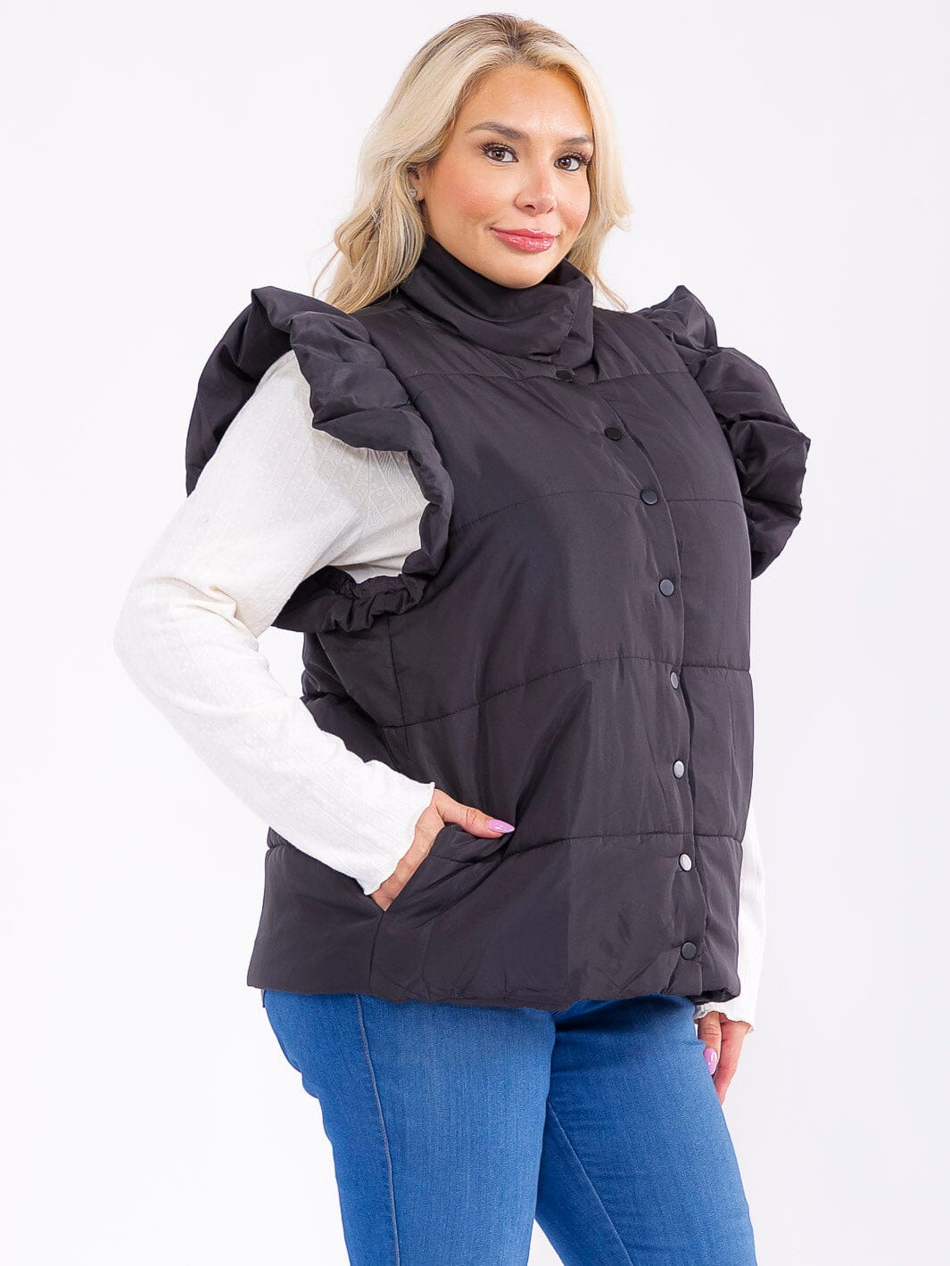 PLUS SIZE RUFFLE SLEEVE BUTTON UP FRONT POCKETS PUFFER VEST