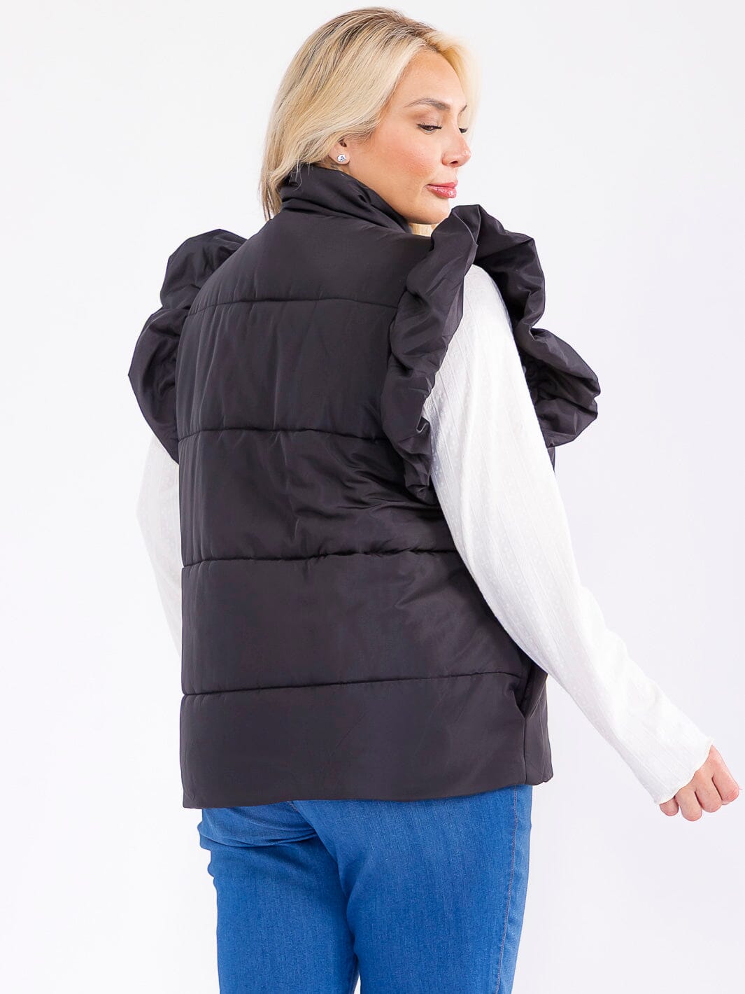 PLUS SIZE RUFFLE SLEEVE BUTTON UP FRONT POCKETS PUFFER VEST