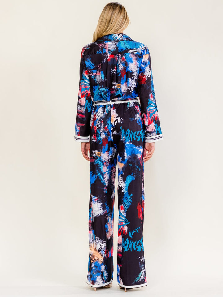WOMEN'S LONG SLEEVE BUTTON UP BLOUSE & ELASTIC WAIST WIDE LEG PANTS MULTI PRINT 2PC. SET