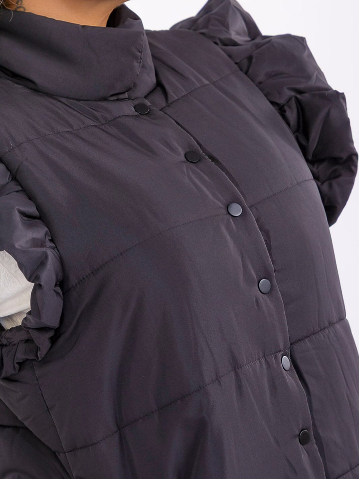 PLUS SIZE RUFFLE SLEEVE BUTTON UP FRONT POCKETS PUFFER VEST