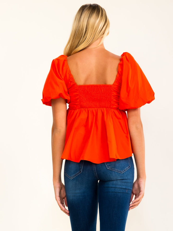 WOMEN'S SHORT PUFF SLEEVE SURPLICE SMOCK PEPLUM BLOUSE