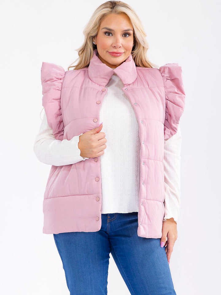 PLUS SIZE RUFFLE SLEEVE BUTTON UP FRONT POCKETS PUFFER VEST