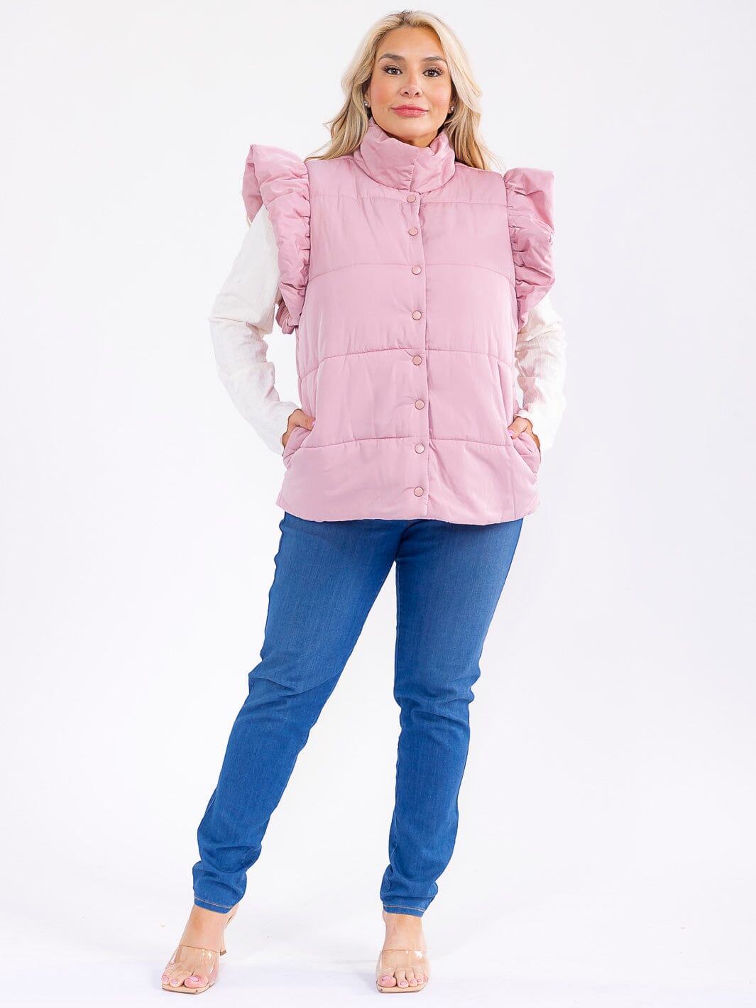 PLUS SIZE RUFFLE SLEEVE BUTTON UP FRONT POCKETS PUFFER VEST