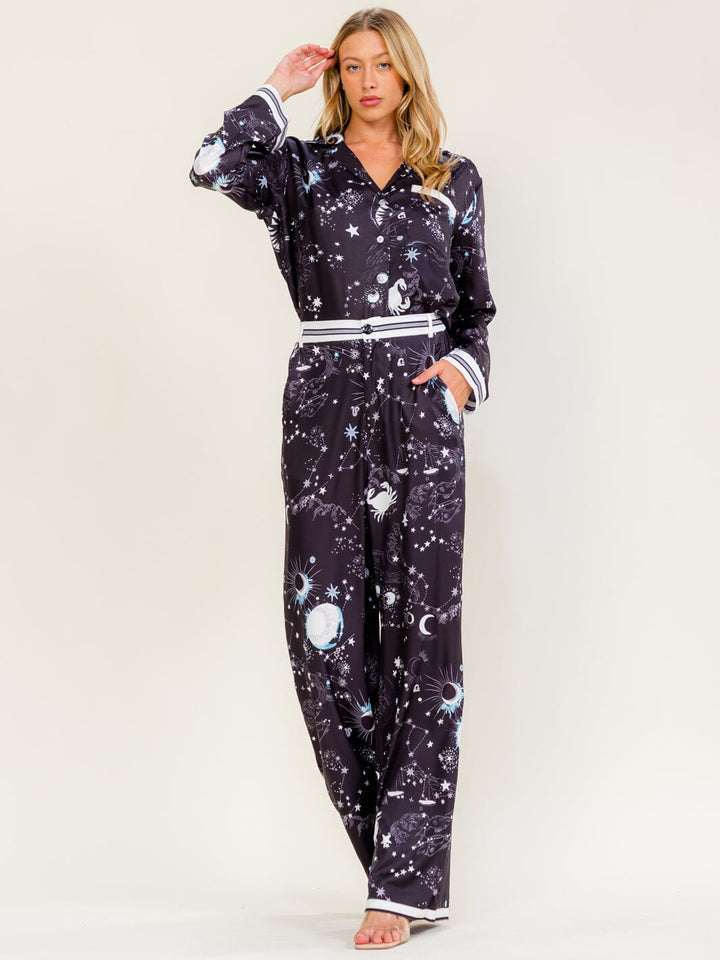 WOMEN'S LONG SLEEVE BUTTON UP BLOUSE & ELASTIC WAIST WIDE LEG PANTS MULTI PRINT 2PC. SET