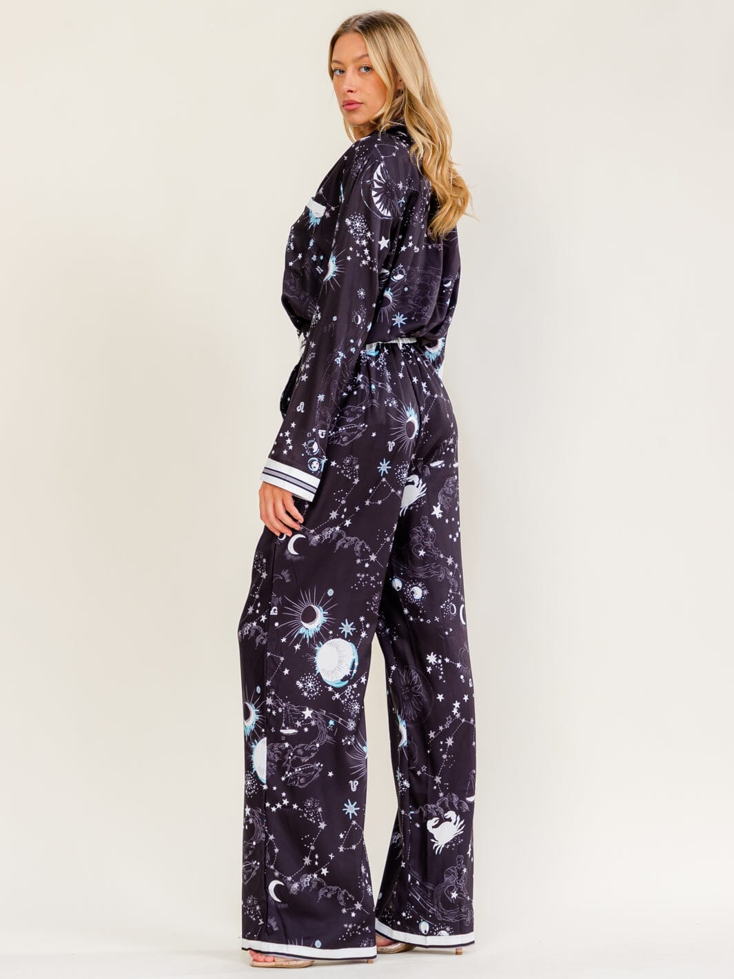 WOMEN'S LONG SLEEVE BUTTON UP BLOUSE & ELASTIC WAIST WIDE LEG PANTS MULTI PRINT 2PC. SET