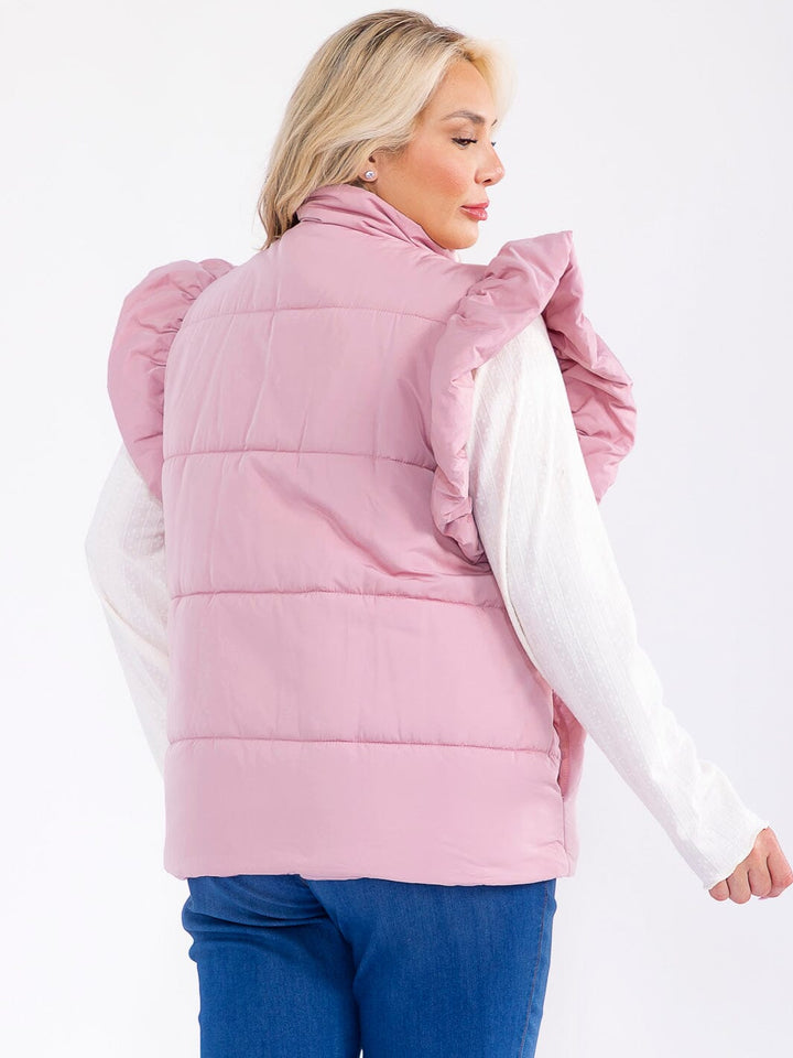 PLUS SIZE RUFFLE SLEEVE BUTTON UP FRONT POCKETS PUFFER VEST