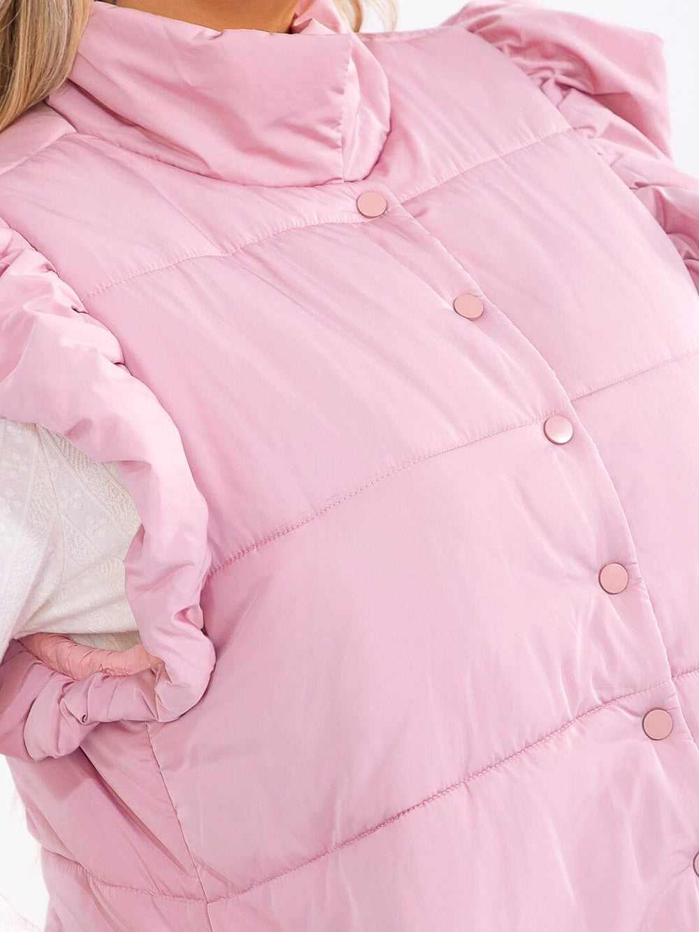 PLUS SIZE RUFFLE SLEEVE BUTTON UP FRONT POCKETS PUFFER VEST