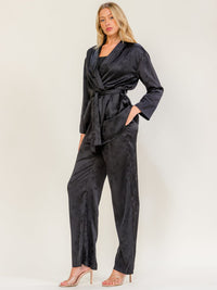 WOMEN'S LONG SLEEVE SELF TIE BLAZER & ELASTIC WAIST WIDE LEG PANTS PRINT 2PC. SET