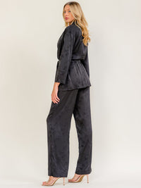 WOMEN'S LONG SLEEVE SELF TIE BLAZER & ELASTIC WAIST WIDE LEG PANTS PRINT 2PC. SET