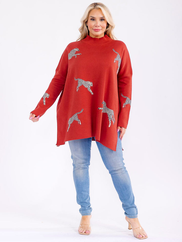 PLUS SIZE LONG SLEEVE MOCK NECK GRAPHIC PULLOVER OVERSIZED SWEATER