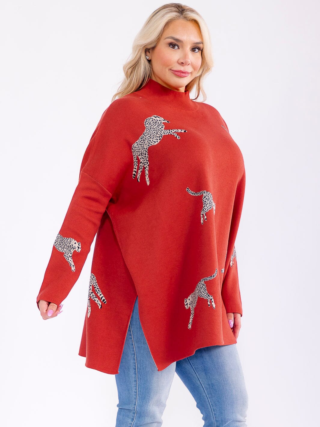 PLUS SIZE LONG SLEEVE MOCK NECK GRAPHIC PULLOVER OVERSIZED SWEATER