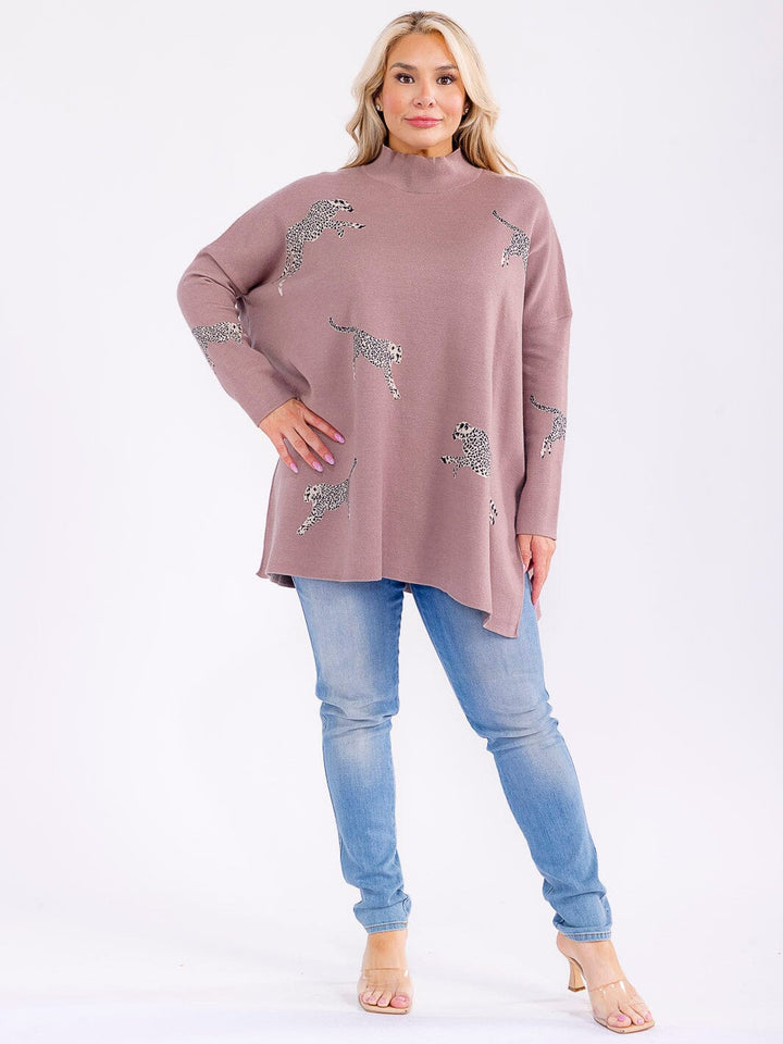 PLUS SIZE LONG SLEEVE MOCK NECK GRAPHIC PULLOVER OVERSIZED SWEATER