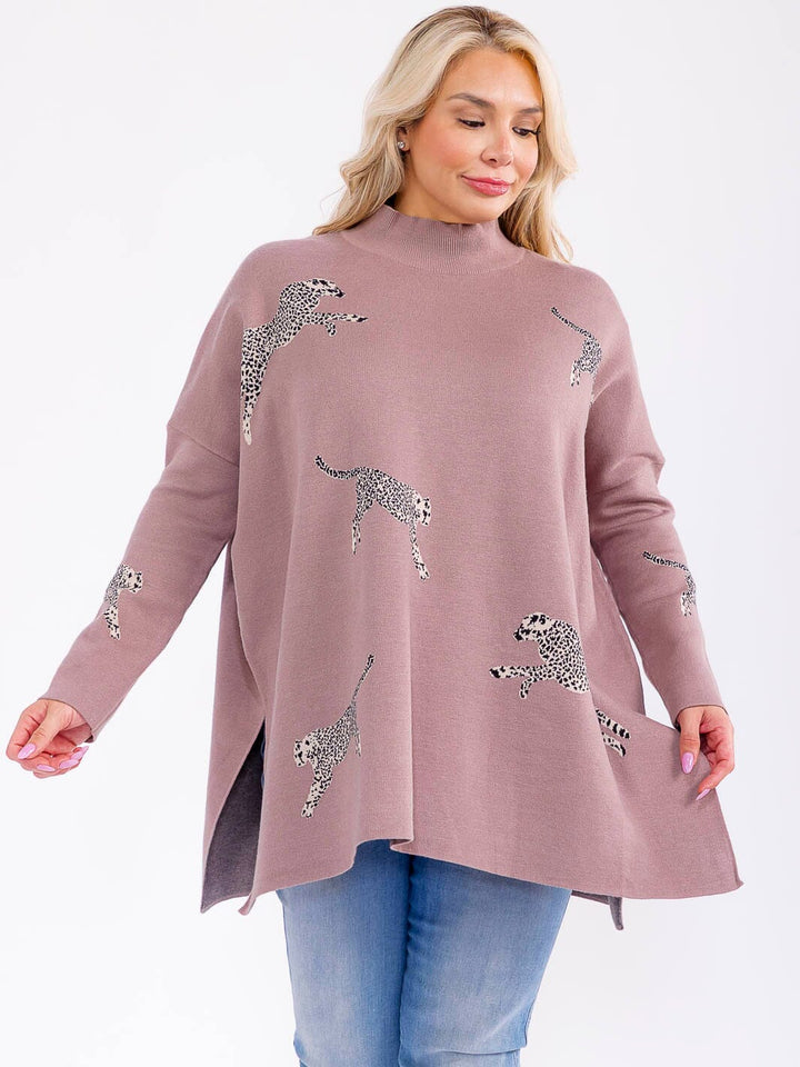 PLUS SIZE LONG SLEEVE MOCK NECK GRAPHIC PULLOVER OVERSIZED SWEATER