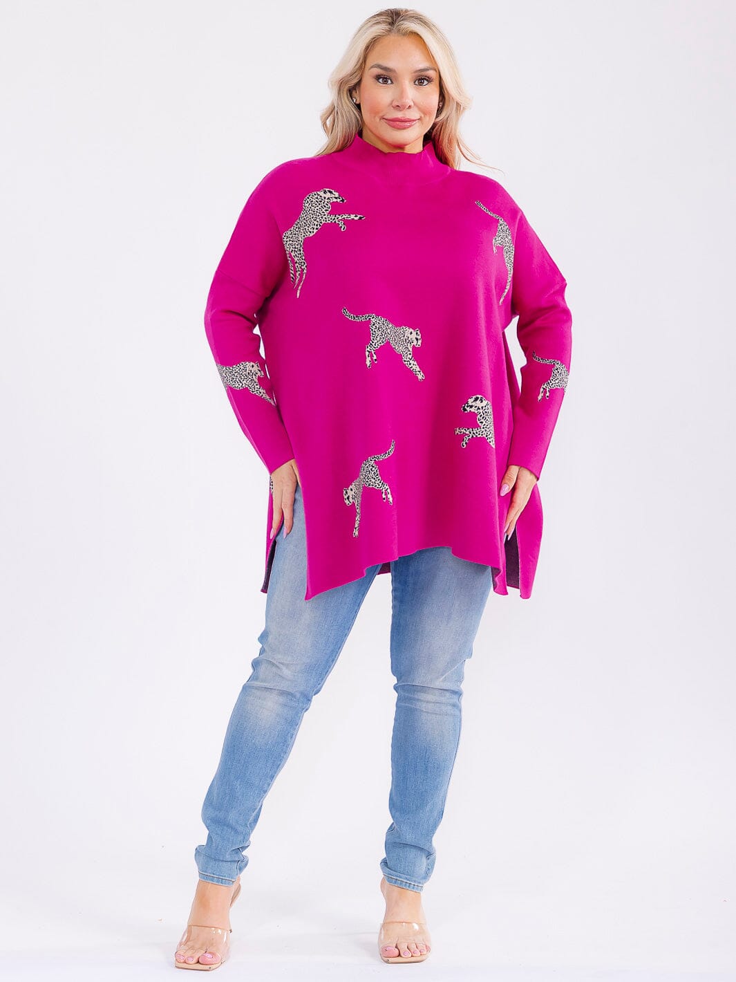 PLUS SIZE LONG SLEEVE MOCK NECK GRAPHIC PULLOVER OVERSIZED SWEATER