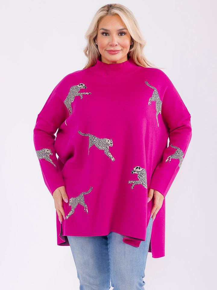 PLUS SIZE LONG SLEEVE MOCK NECK GRAPHIC PULLOVER OVERSIZED SWEATER
